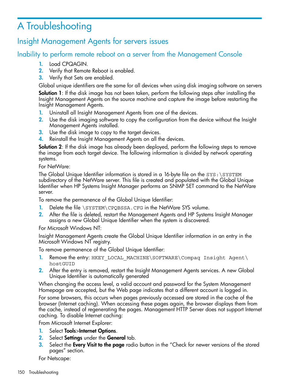 A troubleshooting, Insight management agents for servers issues | HP Insight Management Agents User Manual | Page 150 / 161