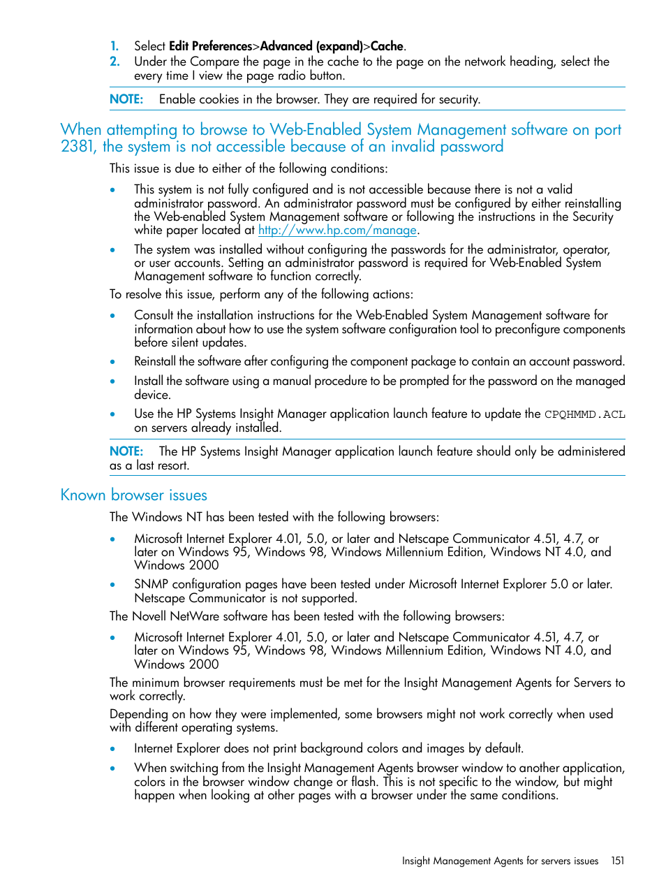 Known browser issues | HP Insight Management Agents User Manual | Page 151 / 161