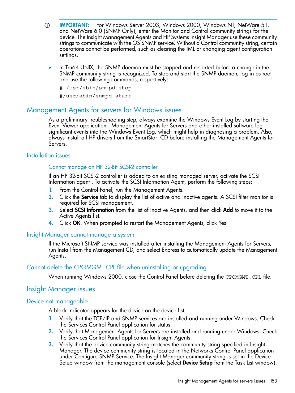 Management agents for servers for windows issues, Installation issues, Cannot manage an hp 32‑bit scsi‑2 controller | Insight manager cannot manage a system, Insight manager issues, Device not manageable, Cannot manage an hp 32-bit scsi-2 controller | HP Insight Management Agents User Manual | Page 153 / 161