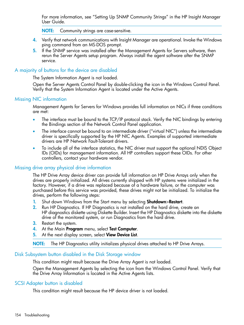 A majority of buttons for the device are disabled, Missing nic information, Missing drive array physical drive information | Scsi adapter button is disabled | HP Insight Management Agents User Manual | Page 154 / 161