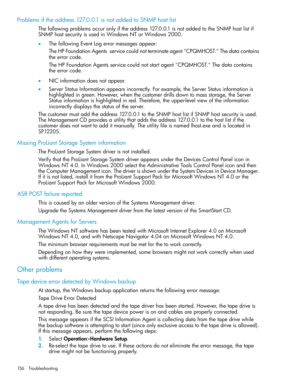 Missing proliant storage system information, Asr post failure reported, Management agents for servers | Other problems, Tape device error detected by windows backup | HP Insight Management Agents User Manual | Page 156 / 161