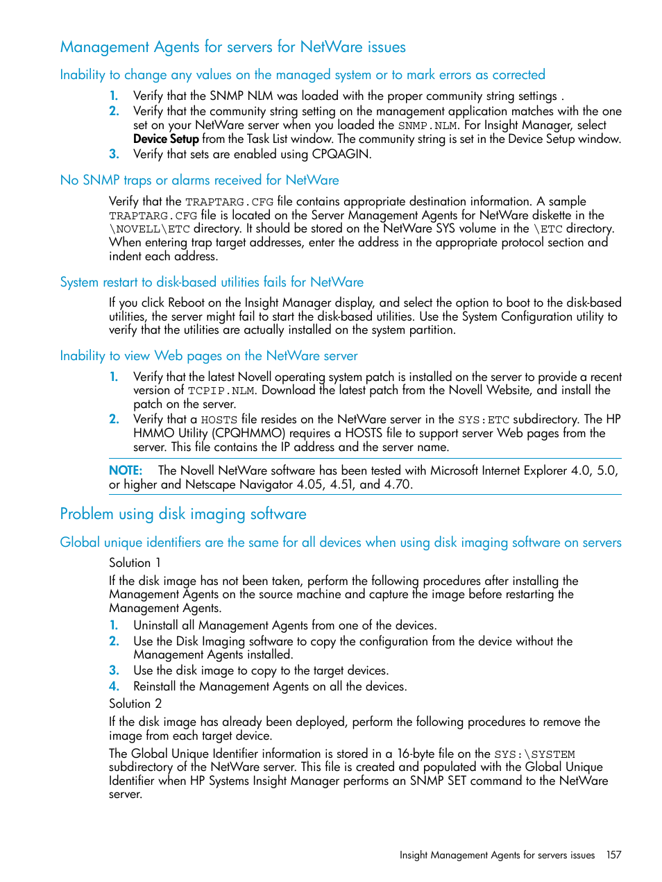 Management agents for servers for netware issues, No snmp traps or alarms received for netware, Problem using disk imaging software | HP Insight Management Agents User Manual | Page 157 / 161