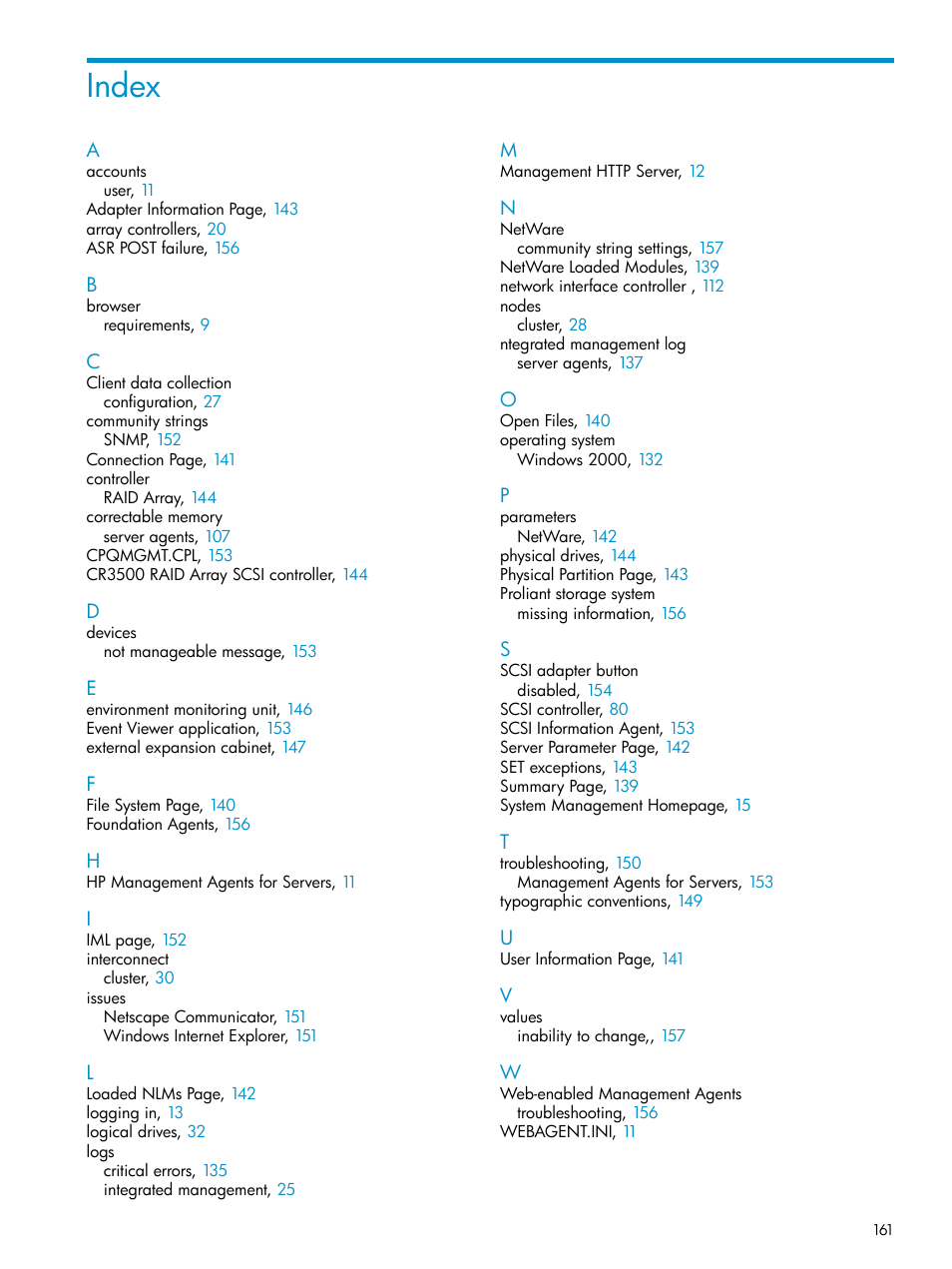 Index | HP Insight Management Agents User Manual | Page 161 / 161