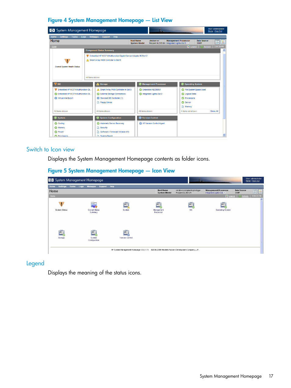 Switch to icon view, Legend, Switch to icon view legend | HP Insight Management Agents User Manual | Page 17 / 161