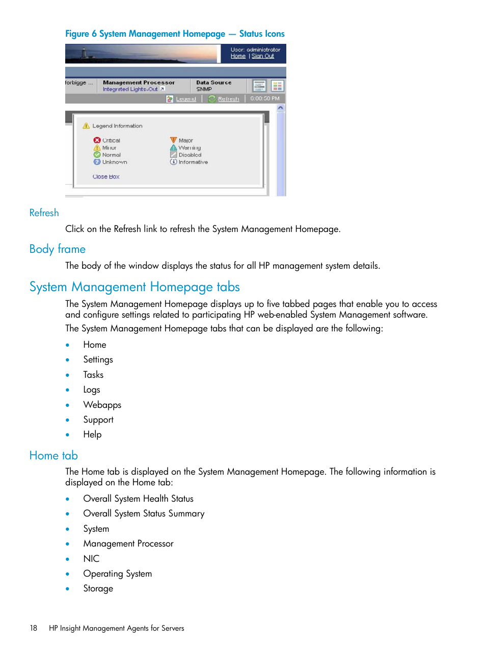 Refresh, Body frame, Home tab | System management homepage tabs | HP Insight Management Agents User Manual | Page 18 / 161