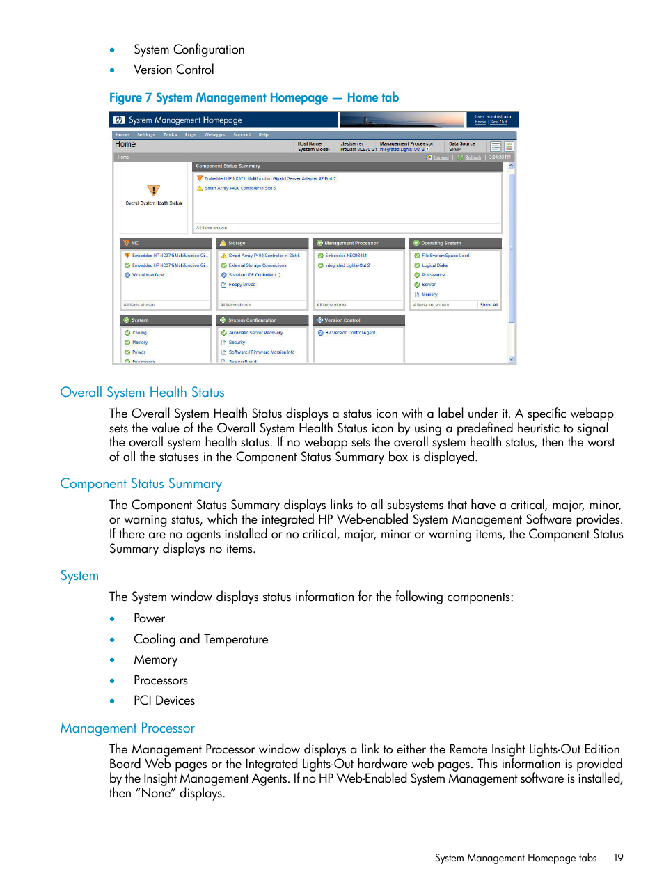 Overall system health status, Component status summary, System | Management processor | HP Insight Management Agents User Manual | Page 19 / 161