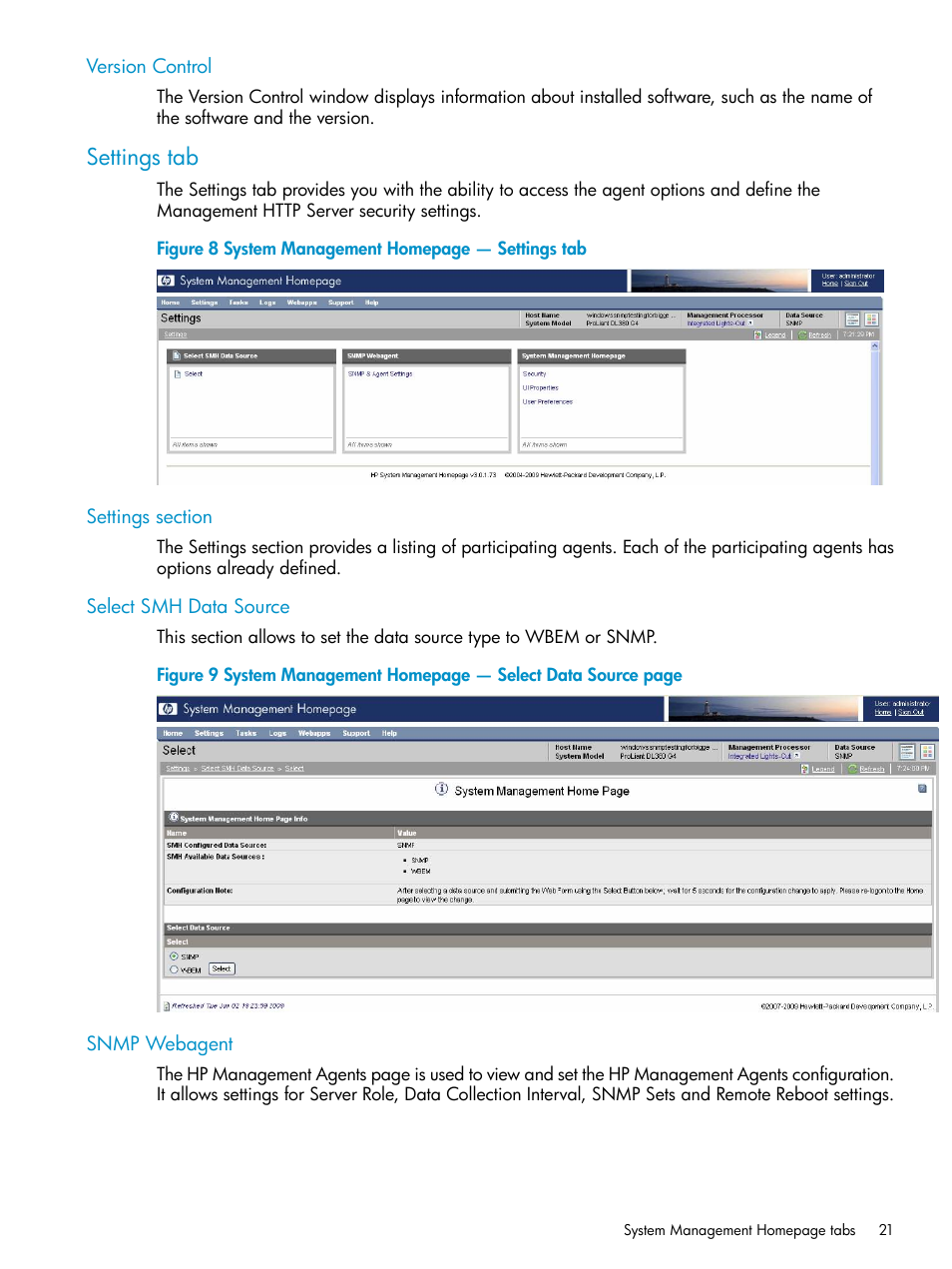 Version control, Settings tab, Settings section | Select smh data source, Snmp webagent | HP Insight Management Agents User Manual | Page 21 / 161