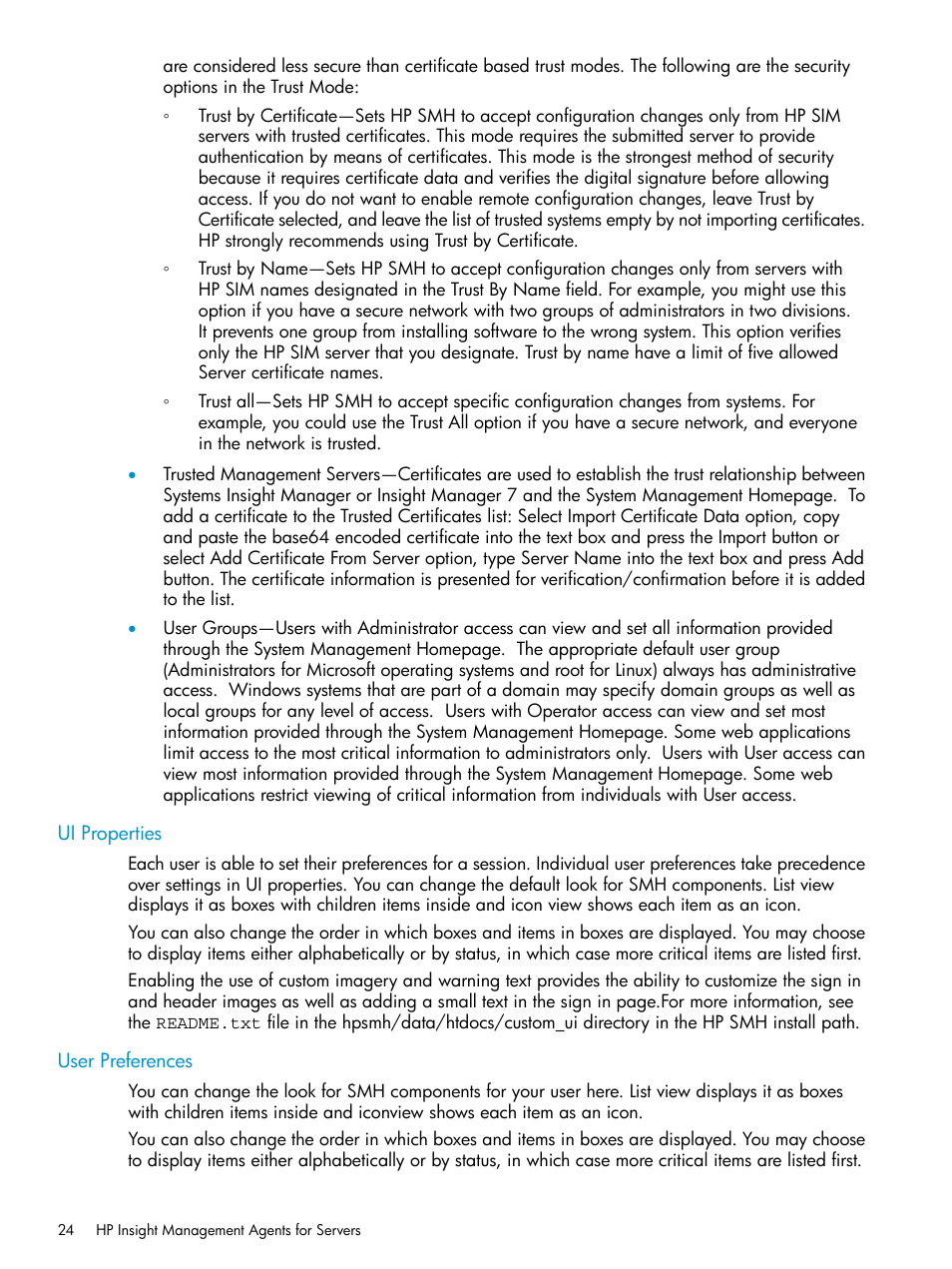 Ui properties, User preferences | HP Insight Management Agents User Manual | Page 24 / 161