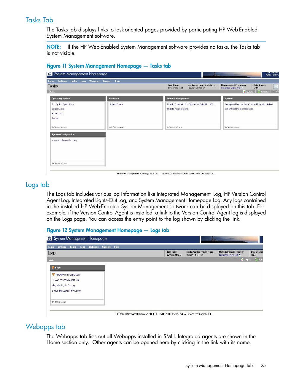 Tasks tab, Logs tab, Webapps tab | Tasks tab logs tab webapps tab | HP Insight Management Agents User Manual | Page 25 / 161