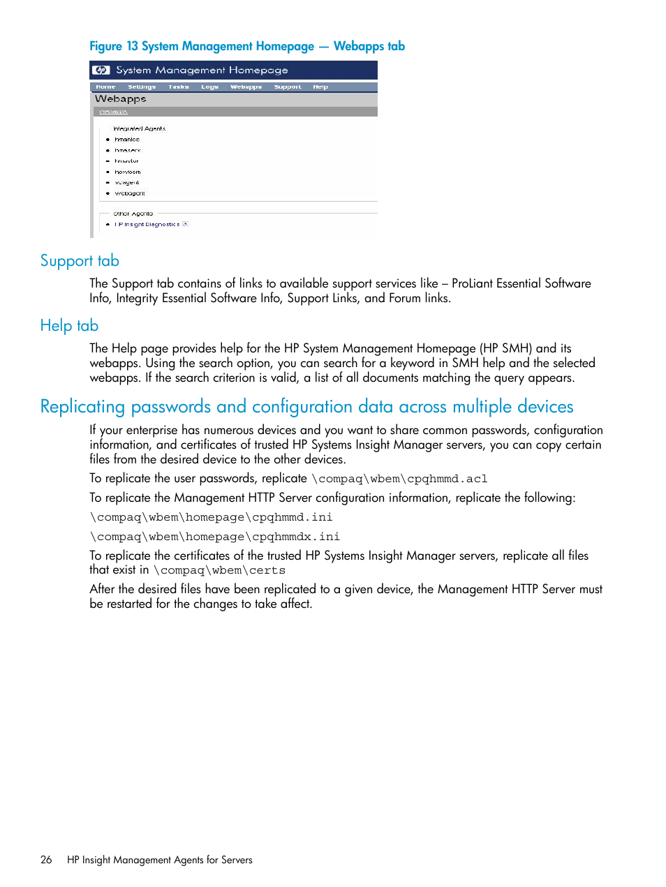 Support tab, Help tab, Support tab help tab | HP Insight Management Agents User Manual | Page 26 / 161