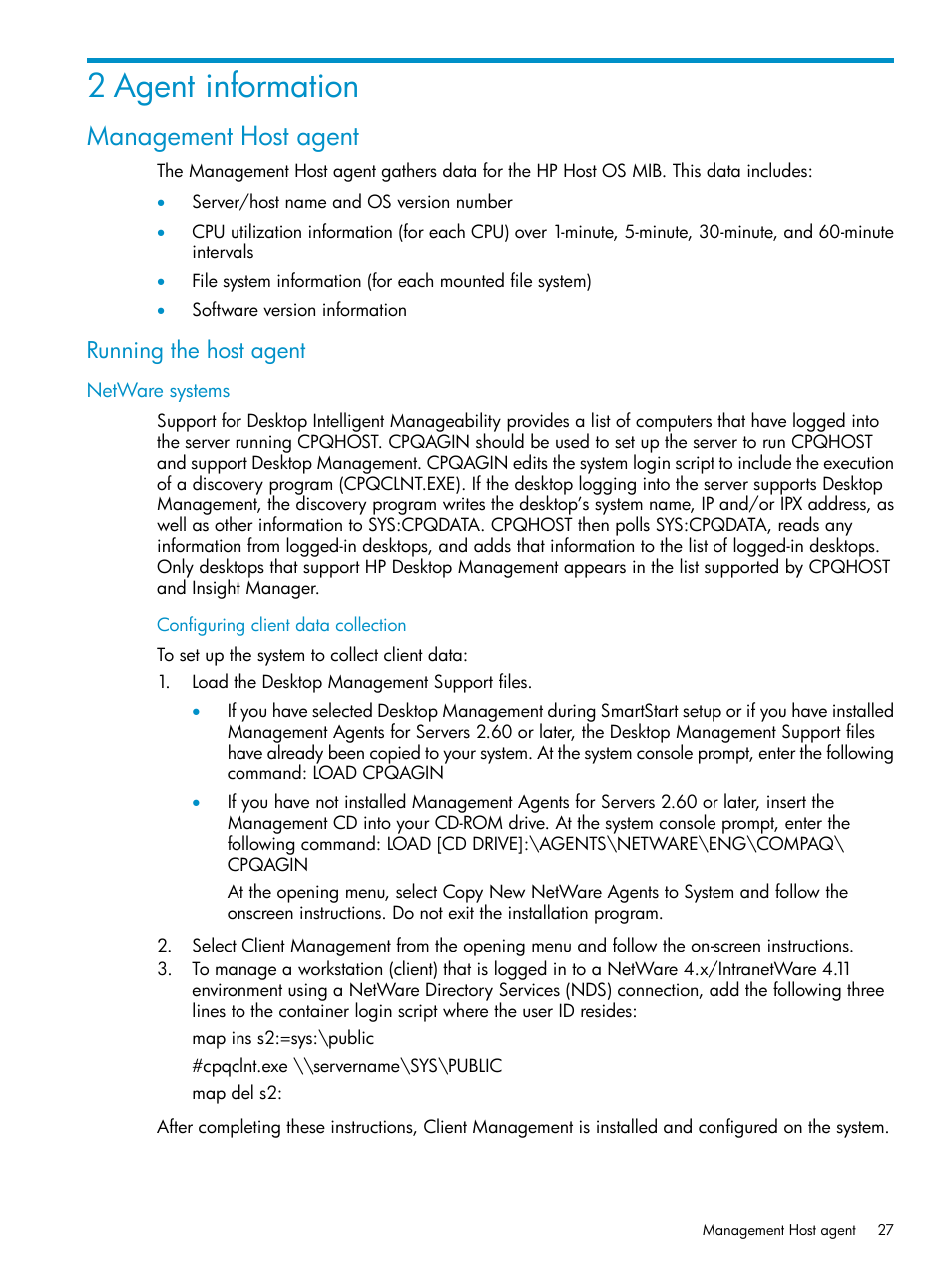 2 agent information, Management host agent, Running the host agent | Netware systems, Configuring client data collection | HP Insight Management Agents User Manual | Page 27 / 161