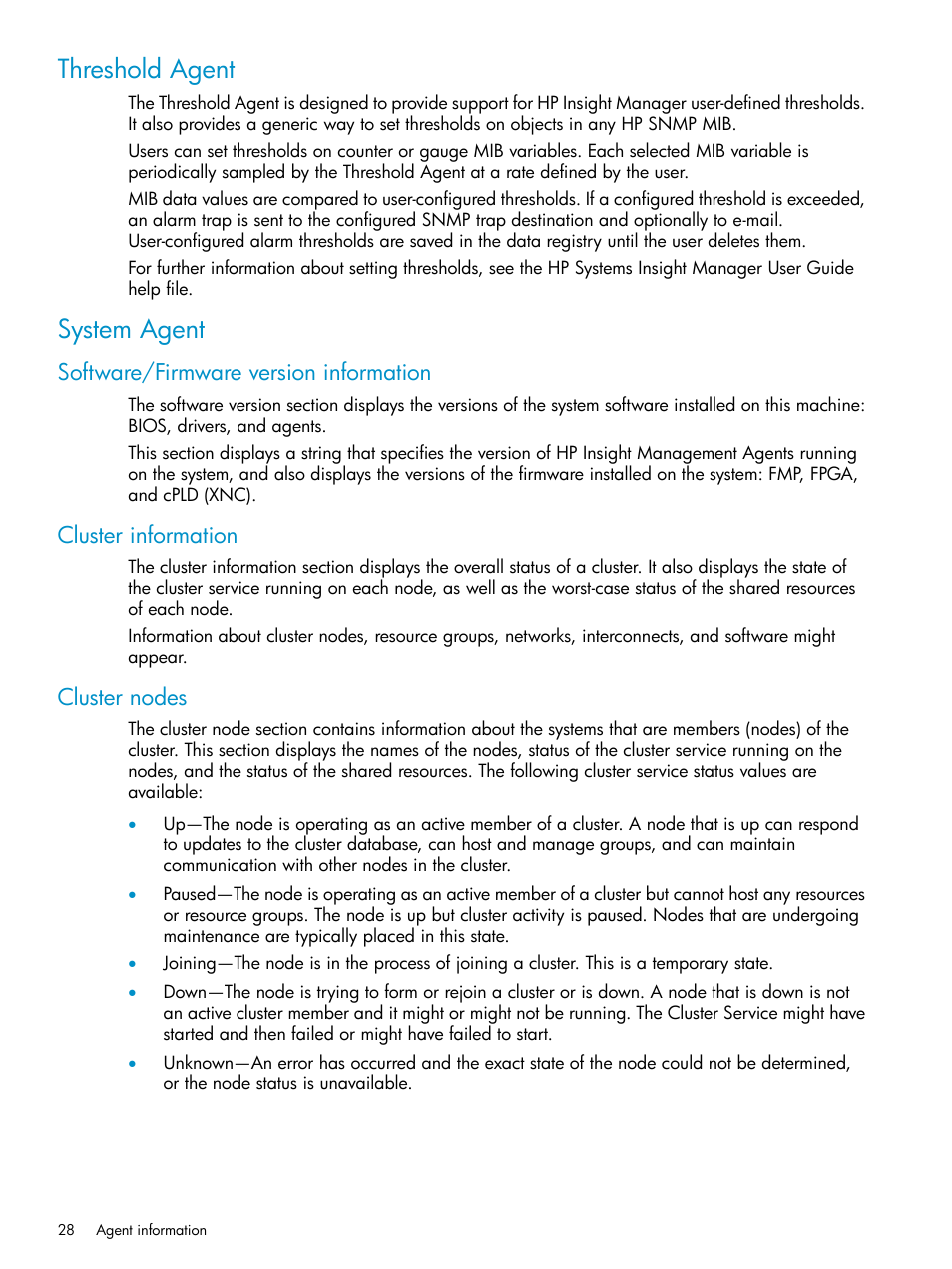 Threshold agent, System agent, Software/firmware version information | Cluster information, Cluster nodes, Threshold agent system agent | HP Insight Management Agents User Manual | Page 28 / 161