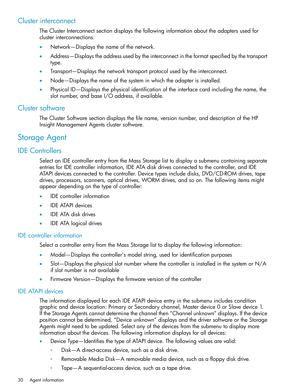 Cluster interconnect, Cluster software, Storage agent | Ide controllers, Ide controller information, Ide atapi devices, Cluster interconnect cluster software, Ide controller information ide atapi devices | HP Insight Management Agents User Manual | Page 30 / 161