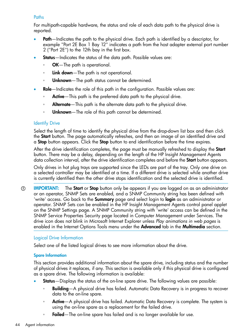 Paths, Identify drive, Logical drive information | Spare information, Paths identify drive logical drive information | HP Insight Management Agents User Manual | Page 44 / 161