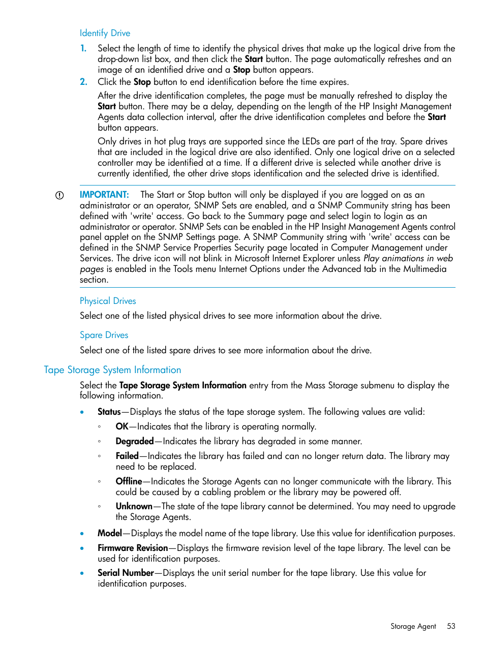 Identify drive, Physical drives, Spare drives | Tape storage system information, Identify drive physical drives spare drives | HP Insight Management Agents User Manual | Page 53 / 161