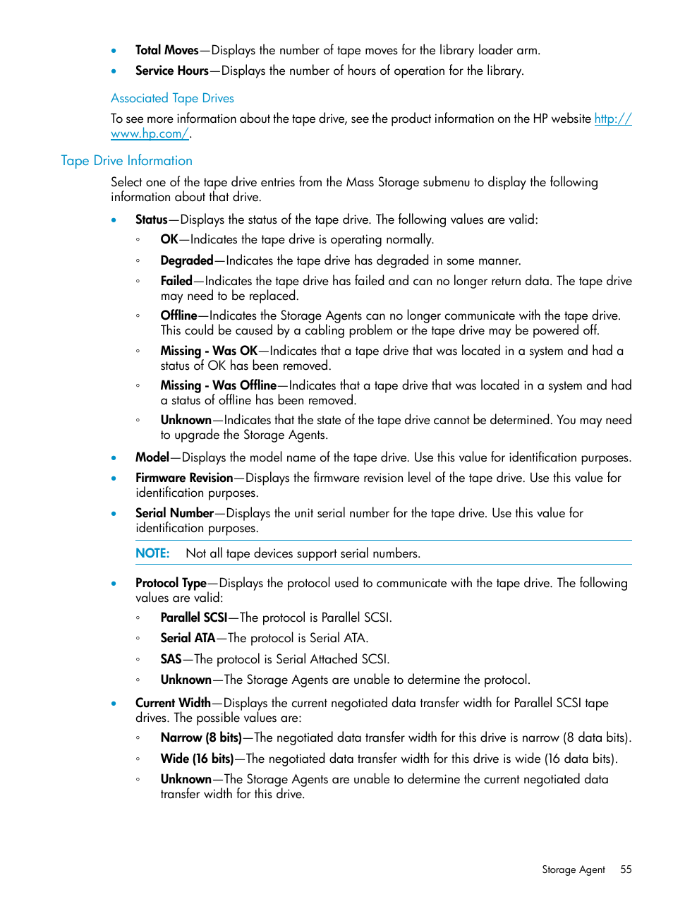 Associated tape drives, Tape drive information | HP Insight Management Agents User Manual | Page 55 / 161