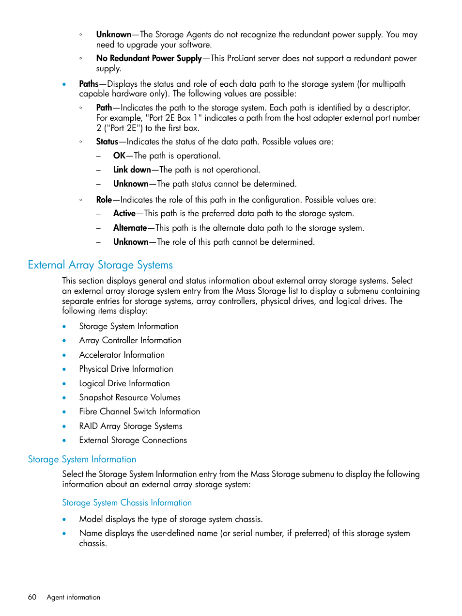 External array storage systems, Storage system information, Storage system chassis information | HP Insight Management Agents User Manual | Page 60 / 161