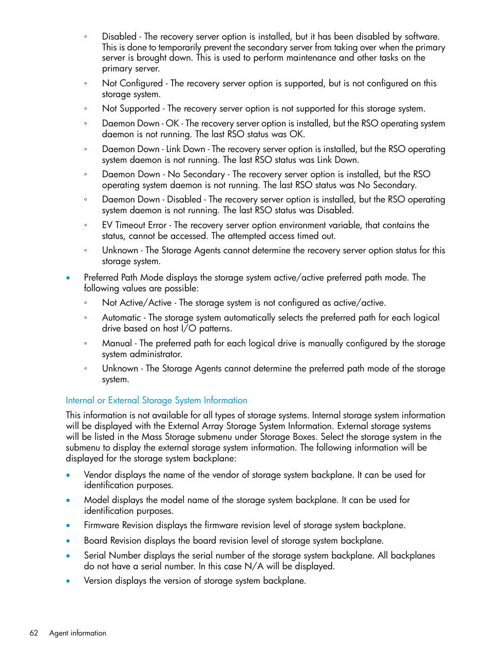 Internal or external storage system information | HP Insight Management Agents User Manual | Page 62 / 161