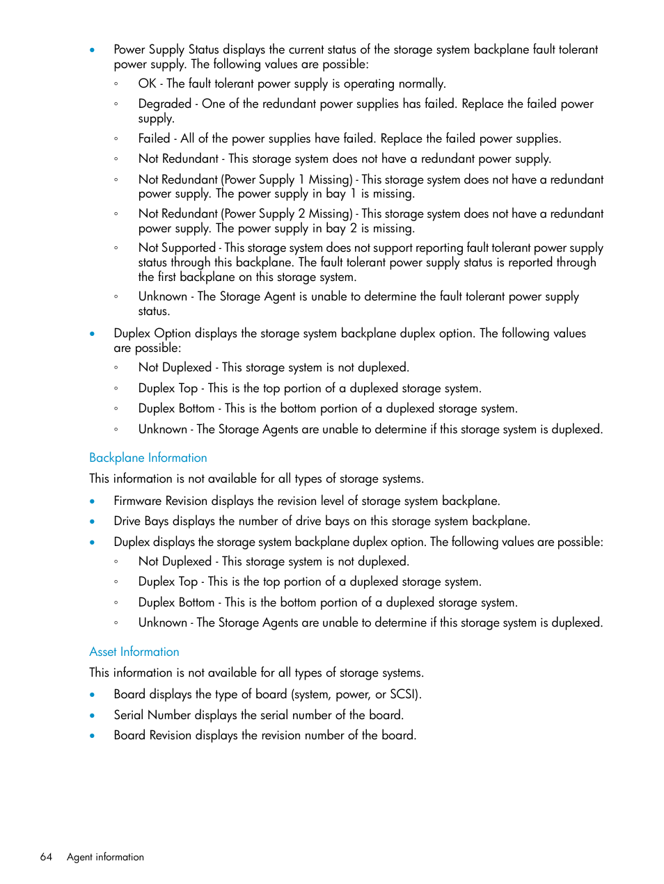 Backplane information, Asset information, Backplane information asset information | HP Insight Management Agents User Manual | Page 64 / 161