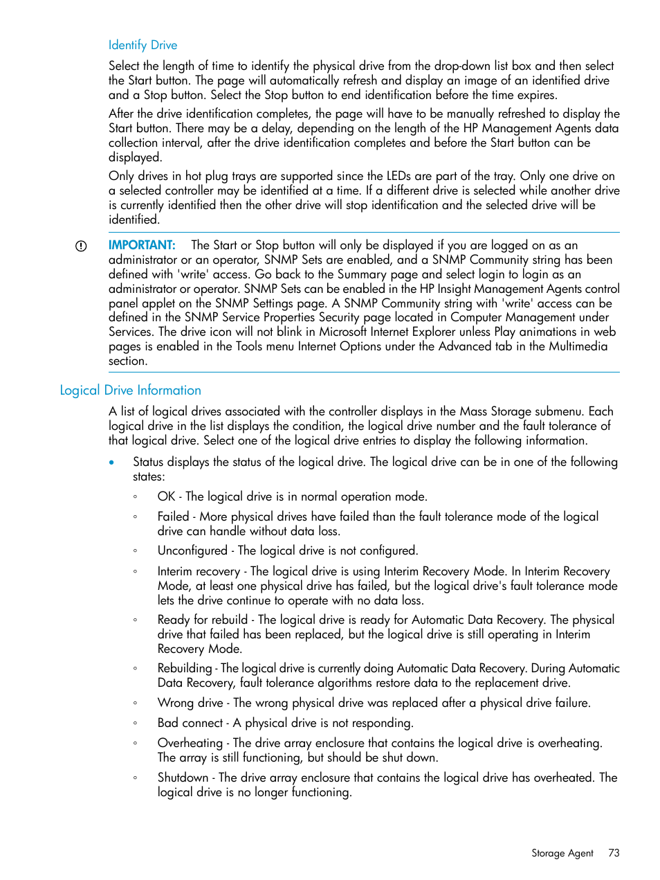 Identify drive, Logical drive information | HP Insight Management Agents User Manual | Page 73 / 161