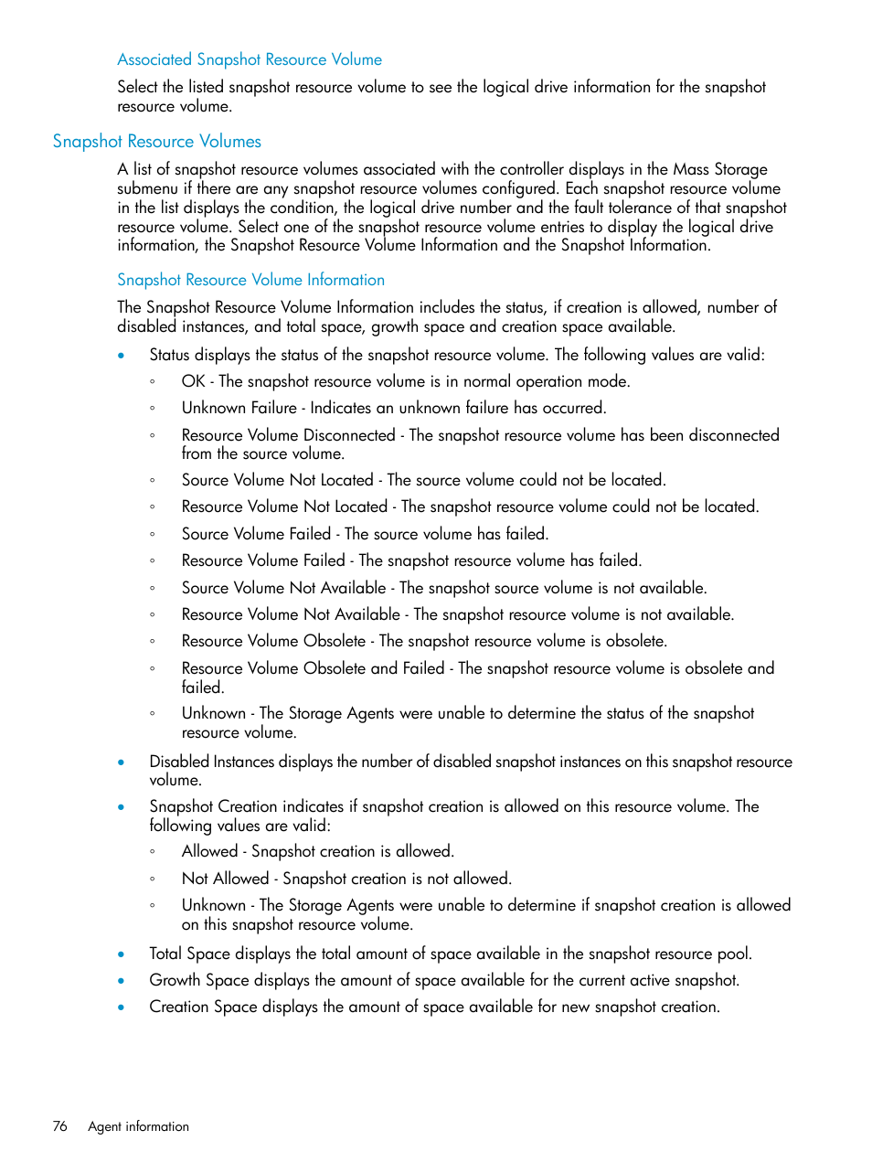 Associated snapshot resource volume, Snapshot resource volumes, Snapshot resource volume information | HP Insight Management Agents User Manual | Page 76 / 161