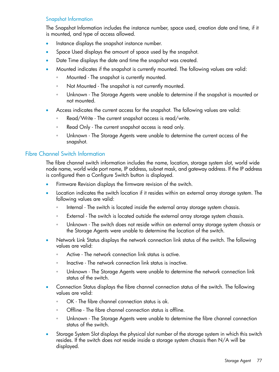 Snapshot information, Fibre channel switch information | HP Insight Management Agents User Manual | Page 77 / 161