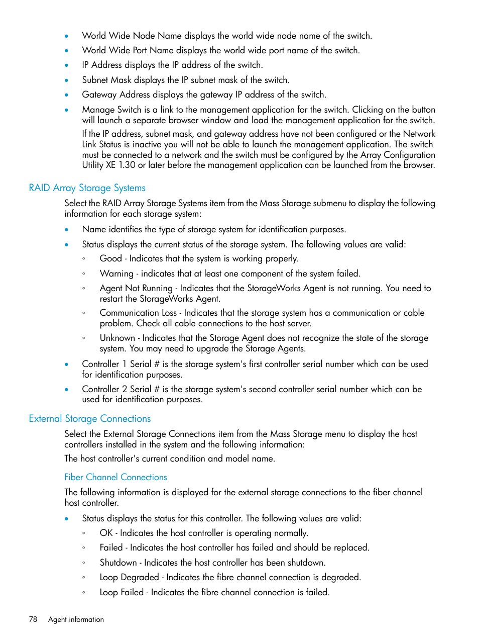 Raid array storage systems, External storage connections, Fiber channel connections | HP Insight Management Agents User Manual | Page 78 / 161