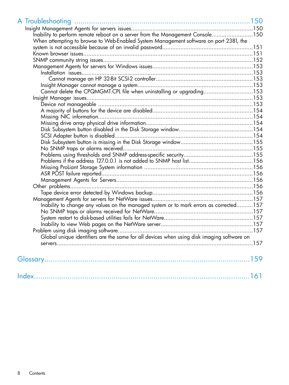 A troubleshooting, Glossary index | HP Insight Management Agents User Manual | Page 8 / 161