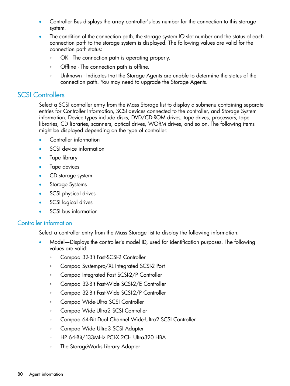 Scsi controllers, Controller information | HP Insight Management Agents User Manual | Page 80 / 161