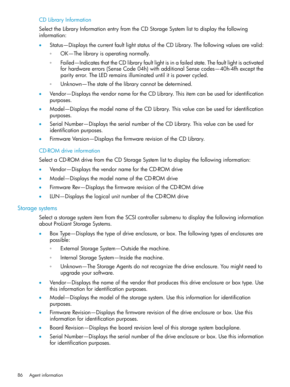 Cd library information, Cd-rom drive information, Storage systems | Cd library information cd-rom drive information | HP Insight Management Agents User Manual | Page 86 / 161