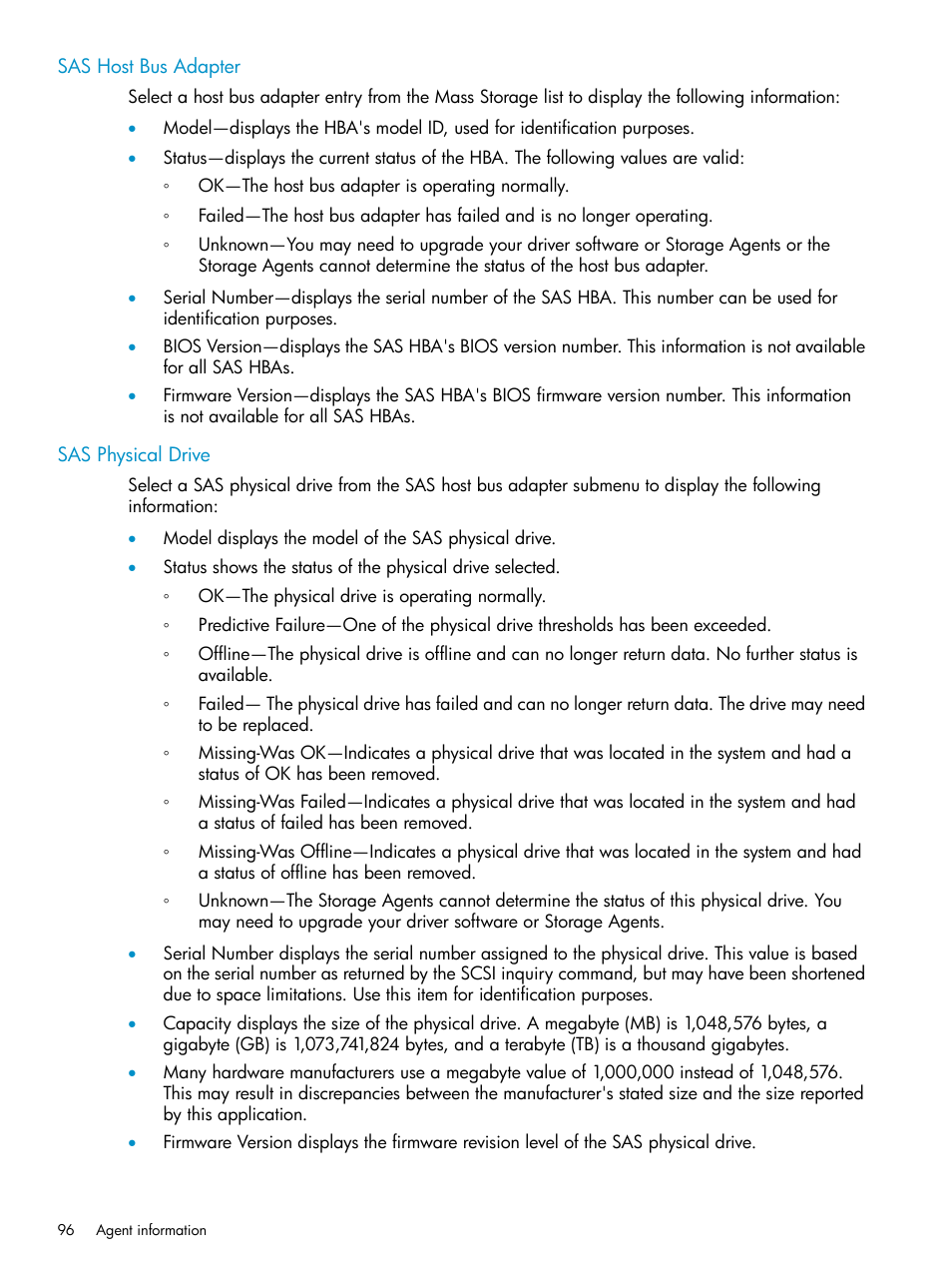 Sas host bus adapter, Sas physical drive, Sas host bus adapter sas physical drive | HP Insight Management Agents User Manual | Page 96 / 161