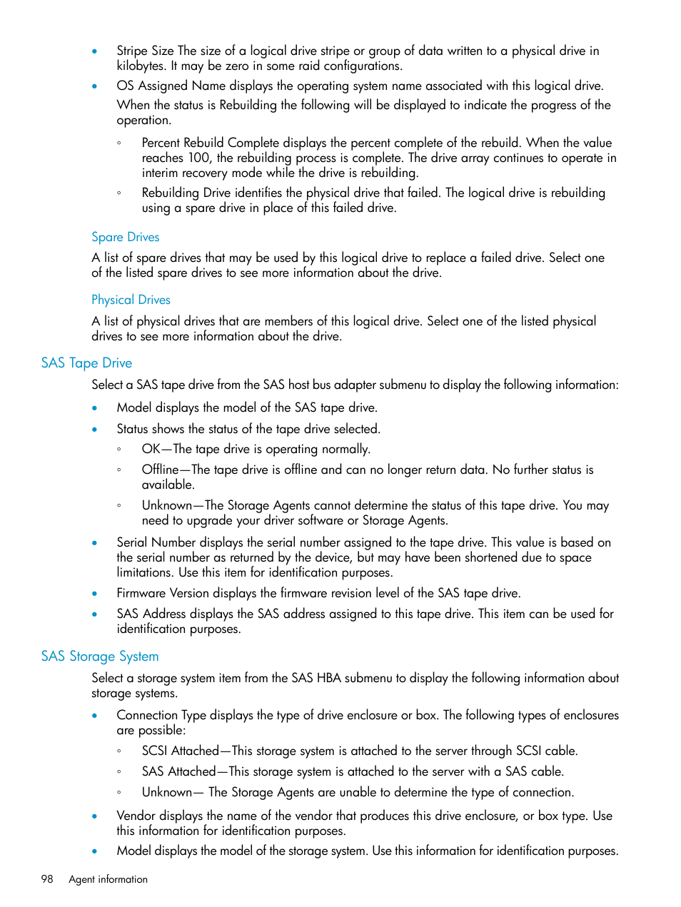 Spare drives, Physical drives, Sas tape drive | Sas storage system, Spare drives physical drives, Sas tape drive sas storage system | HP Insight Management Agents User Manual | Page 98 / 161