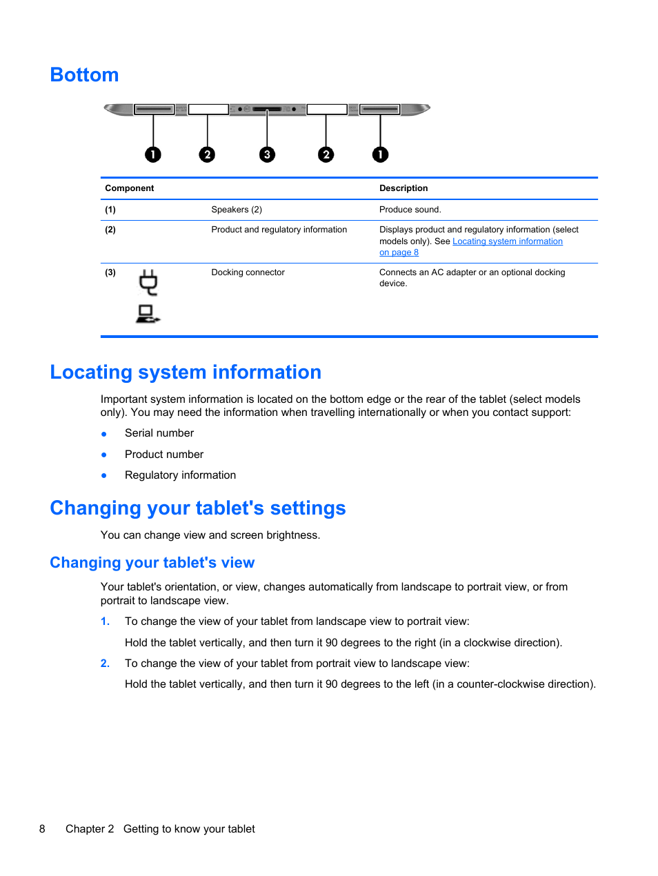 Bottom, Locating system information, Changing your tablet's settings | Changing your tablet's view | HP ElitePad 1000 G2 Tablet User Manual | Page 16 / 58