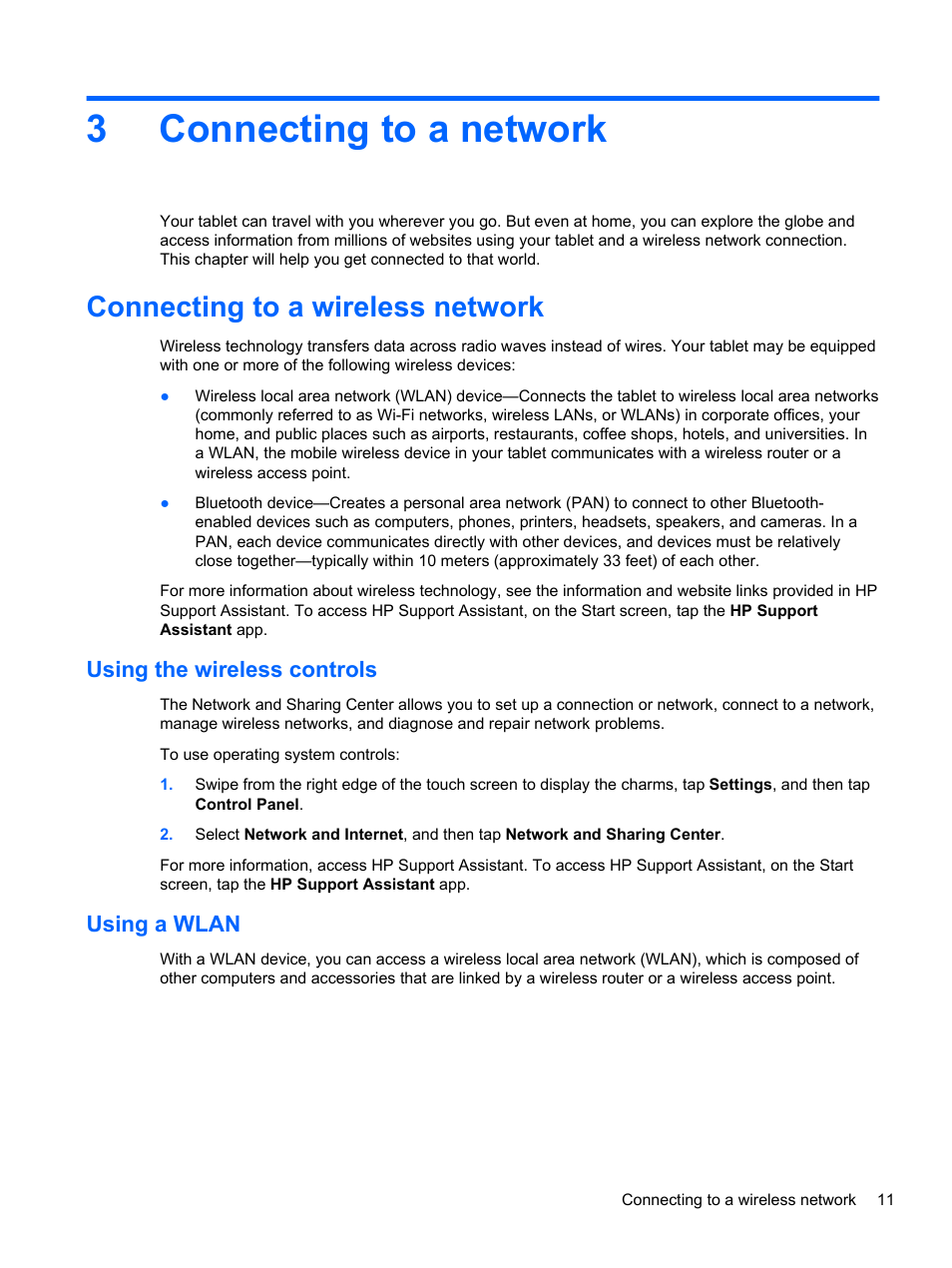 Connecting to a network, Connecting to a wireless network, Using the wireless controls | Using a wlan, 3 connecting to a network, Using the wireless controls using a wlan, 3connecting to a network | HP ElitePad 1000 G2 Tablet User Manual | Page 19 / 58