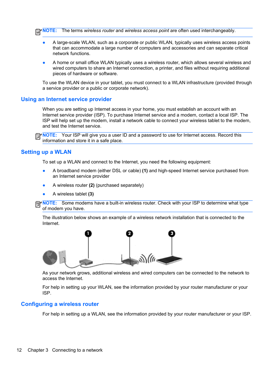 Using an internet service provider, Setting up a wlan, Configuring a wireless router | HP ElitePad 1000 G2 Tablet User Manual | Page 20 / 58