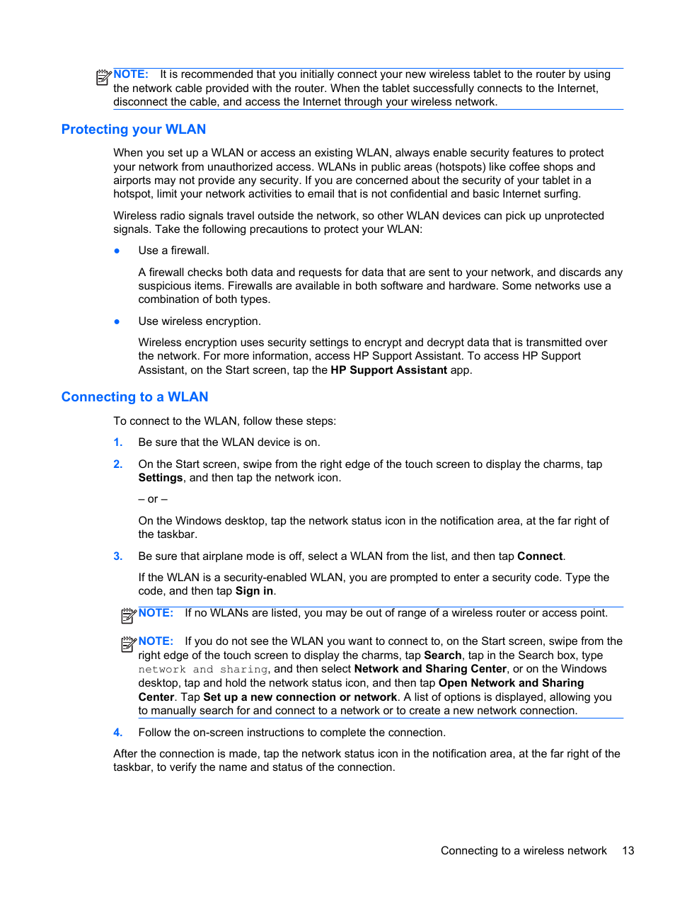 Protecting your wlan, Connecting to a wlan, Protecting your wlan connecting to a wlan | HP ElitePad 1000 G2 Tablet User Manual | Page 21 / 58