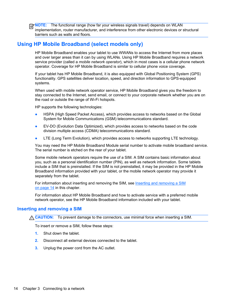 Using hp mobile broadband (select models only), Inserting and removing a sim | HP ElitePad 1000 G2 Tablet User Manual | Page 22 / 58