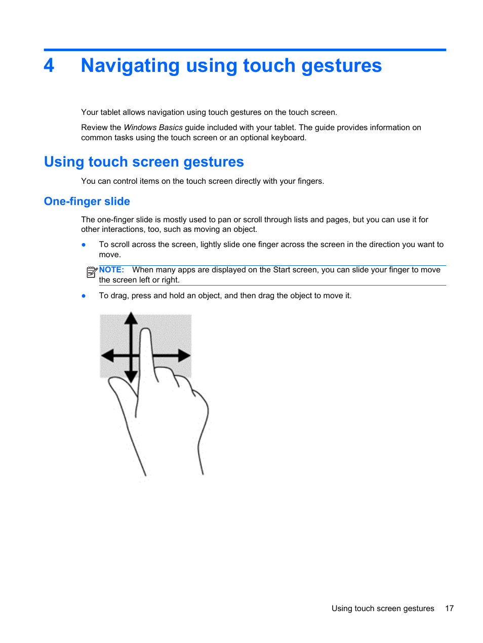 Navigating using touch gestures, Using touch screen gestures, One-finger slide | 4 navigating using touch gestures, For additi, 4navigating using touch gestures | HP ElitePad 1000 G2 Tablet User Manual | Page 25 / 58