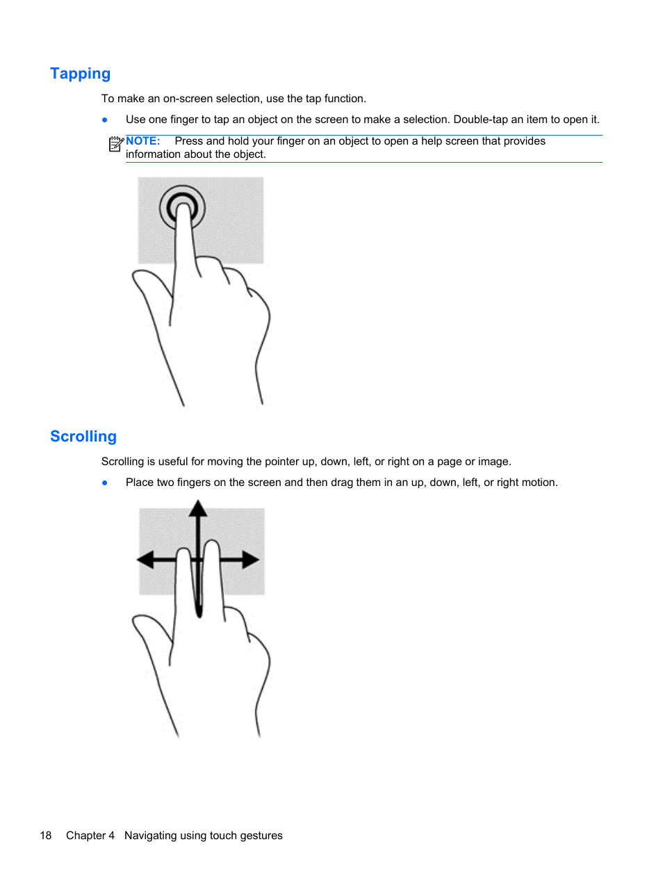 Tapping, Scrolling, Tapping scrolling | HP ElitePad 1000 G2 Tablet User Manual | Page 26 / 58