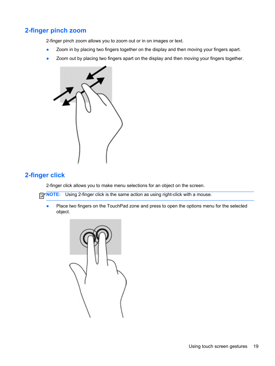 Finger pinch zoom, Finger click, Finger pinch zoom 2-finger click | HP ElitePad 1000 G2 Tablet User Manual | Page 27 / 58