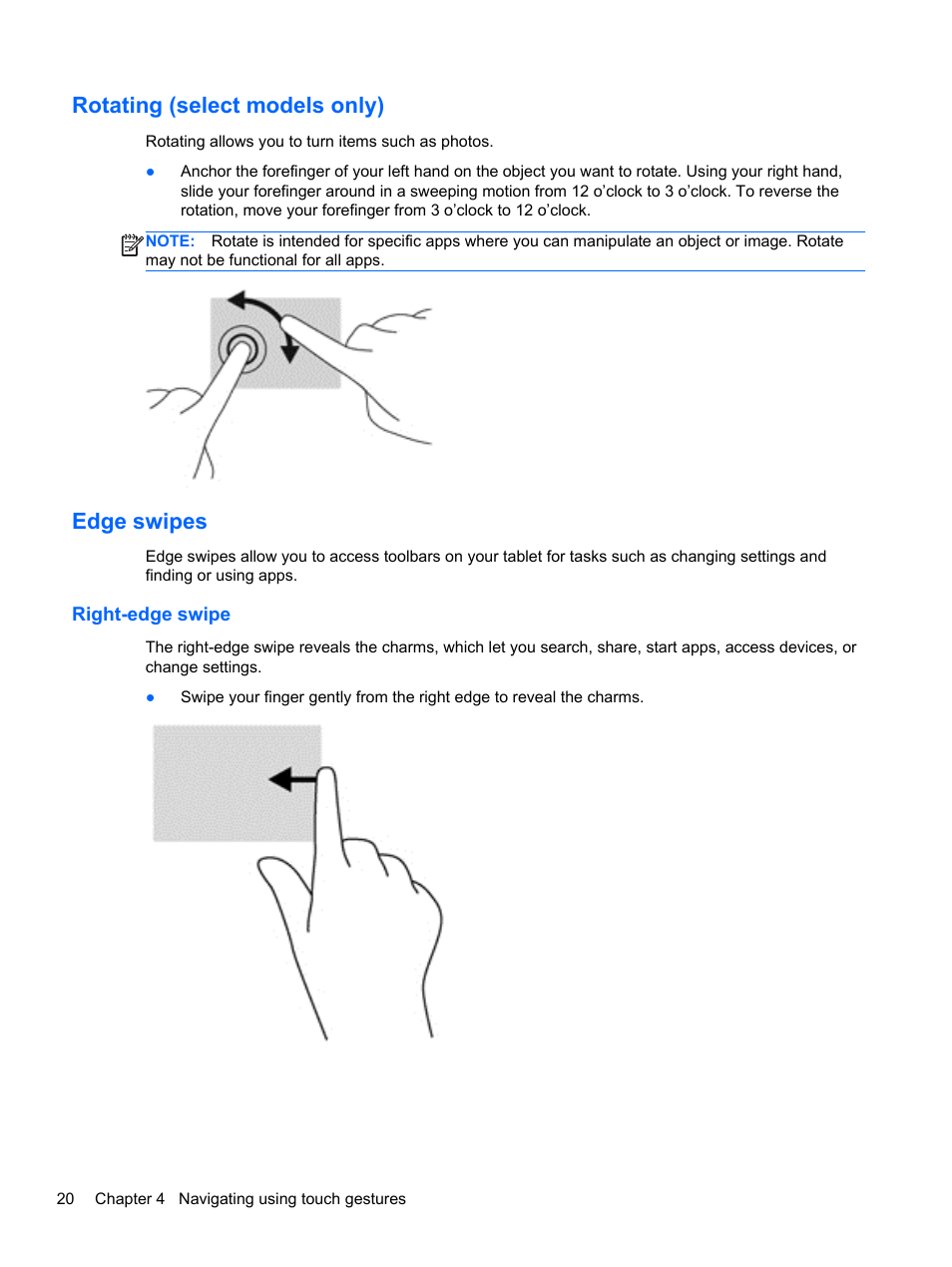 Rotating (select models only), Edge swipes, Right-edge swipe | Rotating (select models only) edge swipes | HP ElitePad 1000 G2 Tablet User Manual | Page 28 / 58