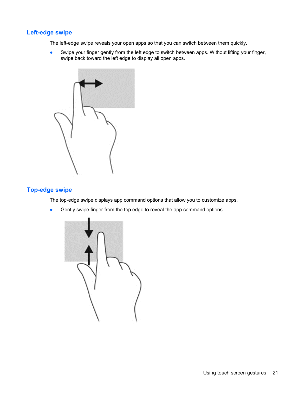 Left-edge swipe, Top-edge swipe, Left-edge swipe top-edge swipe | HP ElitePad 1000 G2 Tablet User Manual | Page 29 / 58