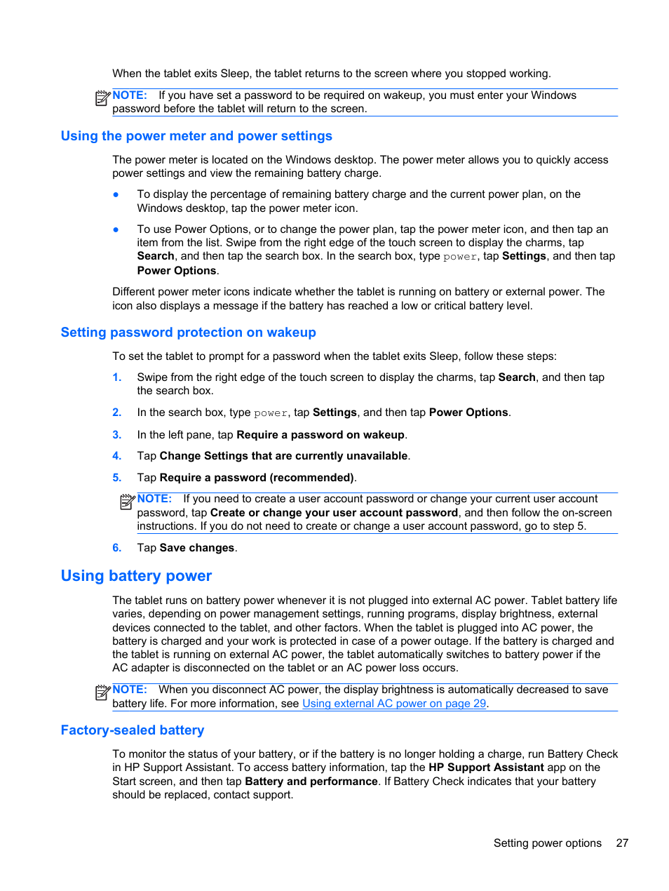 Using the power meter and power settings, Setting password protection on wakeup, Using battery power | Factory-sealed battery | HP ElitePad 1000 G2 Tablet User Manual | Page 35 / 58