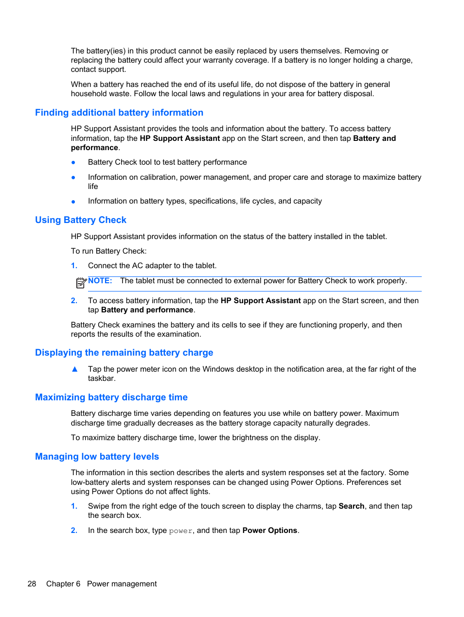 Finding additional battery information, Using battery check, Displaying the remaining battery charge | Maximizing battery discharge time, Managing low battery levels | HP ElitePad 1000 G2 Tablet User Manual | Page 36 / 58