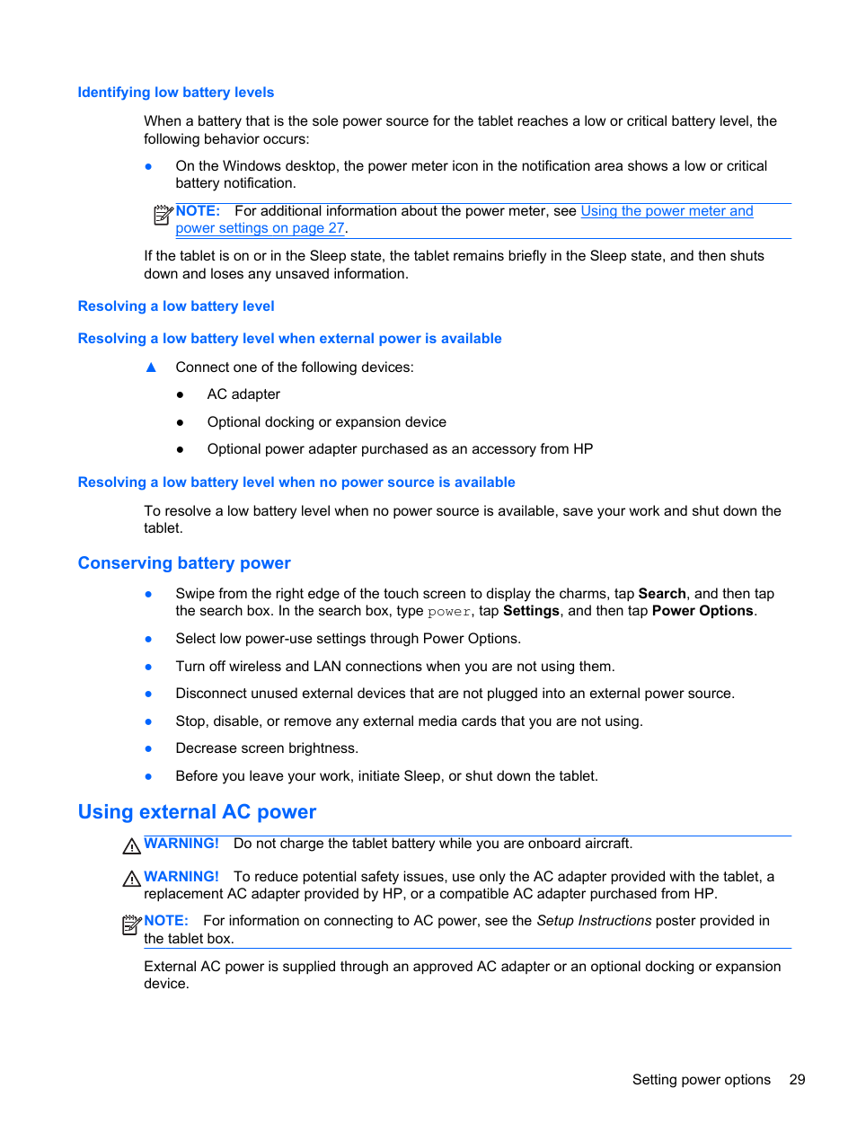 Identifying low battery levels, Resolving a low battery level, Conserving battery power | Using external ac power | HP ElitePad 1000 G2 Tablet User Manual | Page 37 / 58