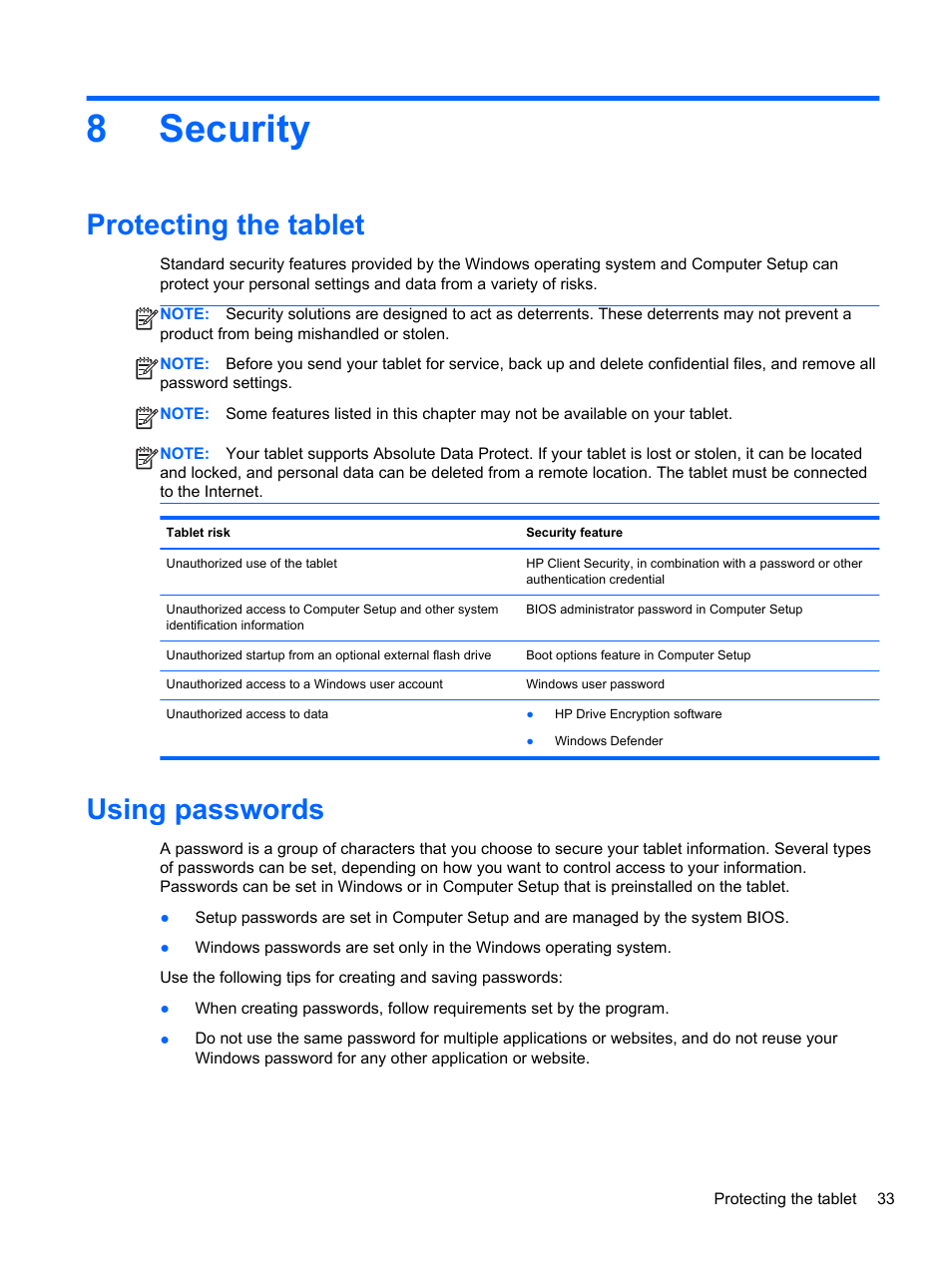 Security, Protecting the tablet, Using passwords | 8 security, Protecting the tablet using passwords, 8security | HP ElitePad 1000 G2 Tablet User Manual | Page 41 / 58