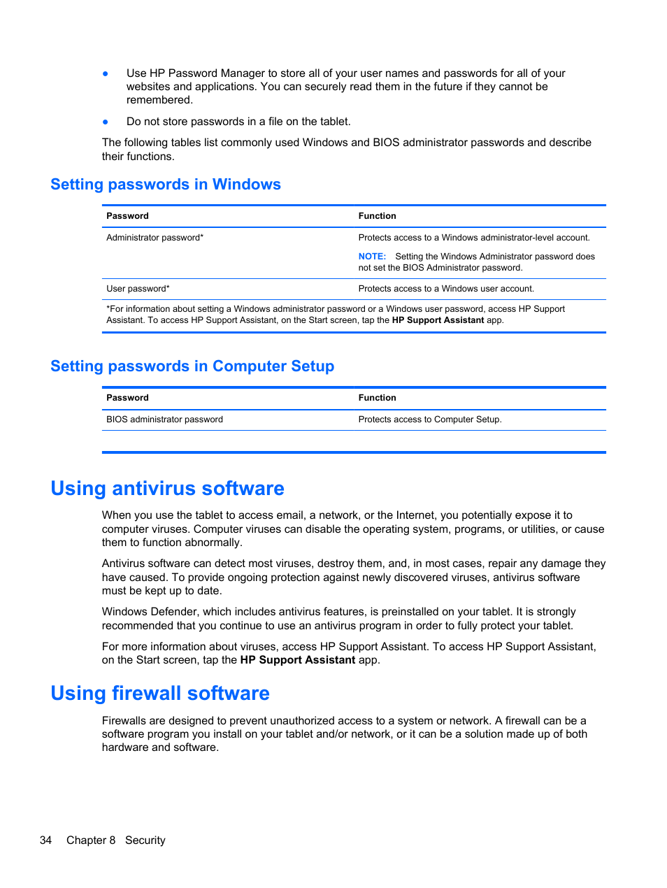 Setting passwords in windows, Setting passwords in computer setup, Using antivirus software | Using firewall software, Using antivirus software using firewall software | HP ElitePad 1000 G2 Tablet User Manual | Page 42 / 58
