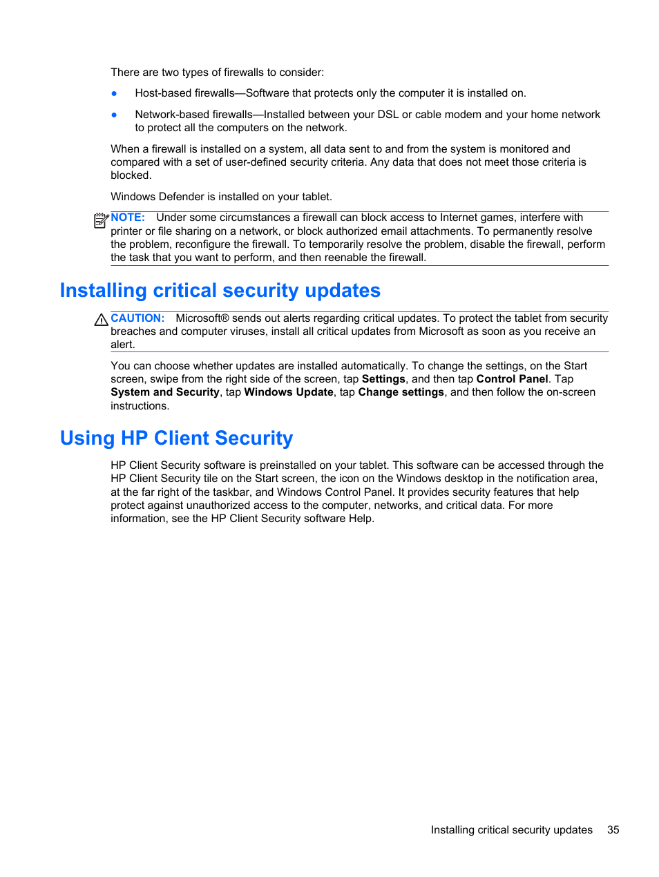 Installing critical security updates, Using hp client security | HP ElitePad 1000 G2 Tablet User Manual | Page 43 / 58