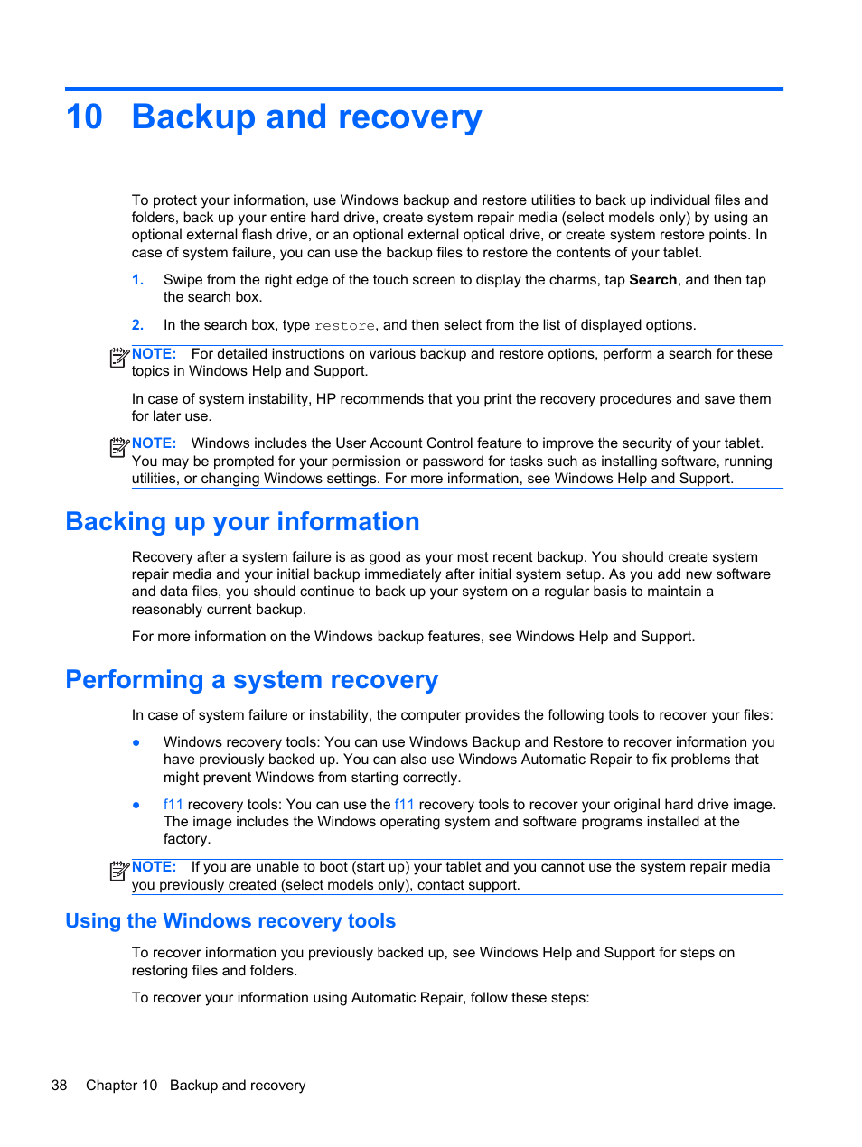 Backup and recovery, Backing up your information, Performing a system recovery | Using the windows recovery tools, 10 backup and recovery | HP ElitePad 1000 G2 Tablet User Manual | Page 46 / 58