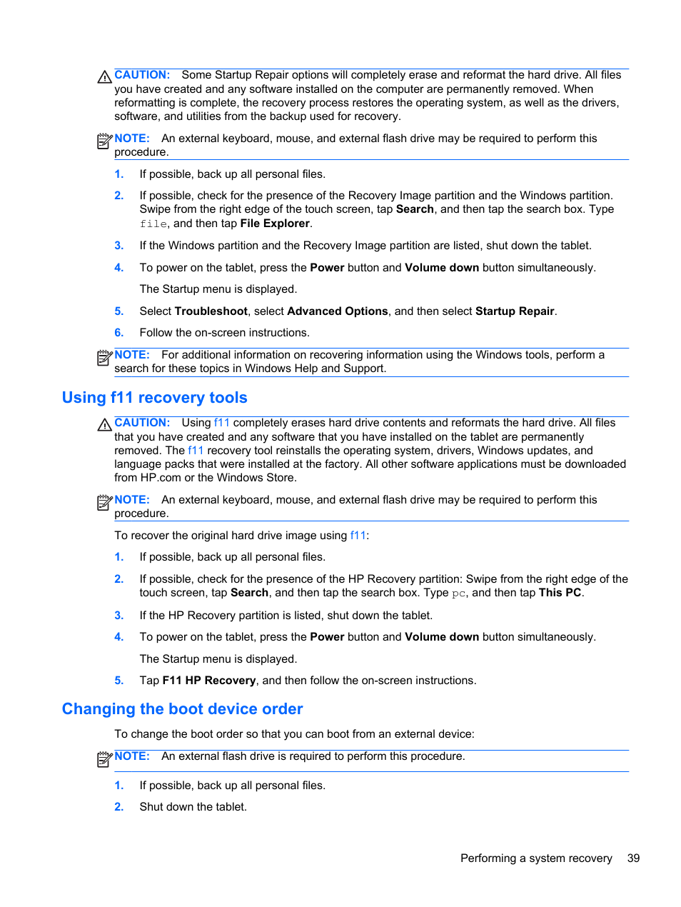 Using f11 recovery tools, Changing the boot device order | HP ElitePad 1000 G2 Tablet User Manual | Page 47 / 58